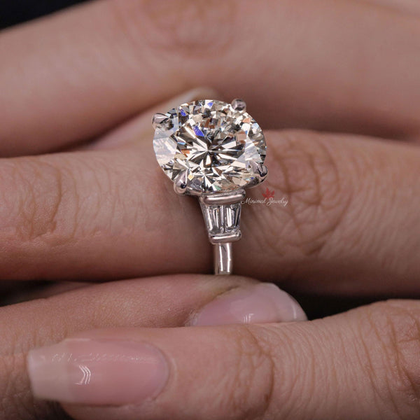 Moissanite Round cut three stone engagement ring 7 CT large Round&baguette moissanite 3 stone engagement ring wedding ring trilogy ring