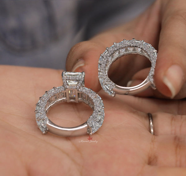 Emerald cut moissanite engagement ring set unique 5 carat moissanite hidden halo eternity band solitaire ring anniversary wedding ring set