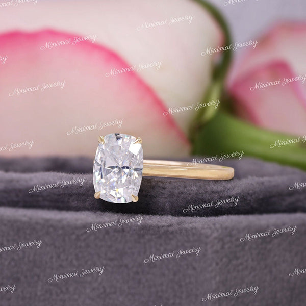 2.5 CT cushion cut moissanite engagement ring,hidden halo elongated cushion,solitaire Cathedral ring,unique pave bridge,dome,wedding ring