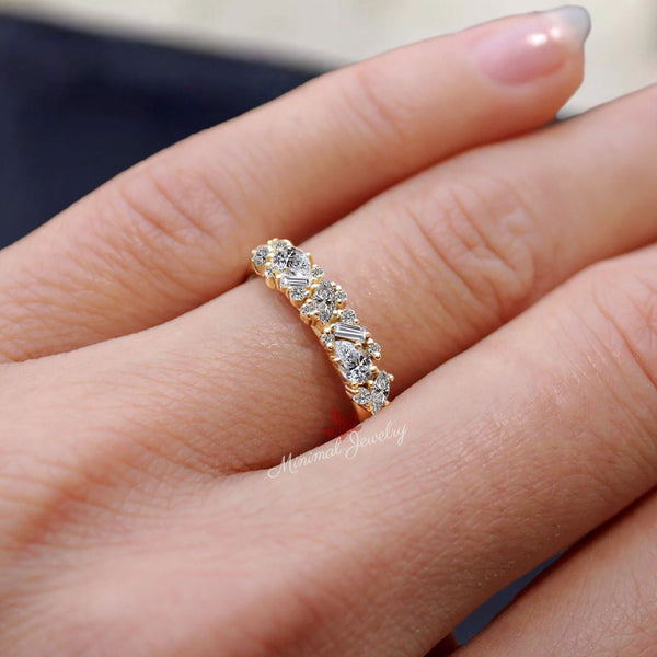 Marquise Moissanite Cluster Wedding Band baguette cluster ring 14k Gold Thick Anniversary Ring for women