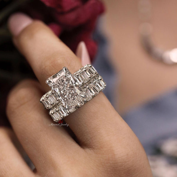 Lab grown diamond Radiant cut engagement ring set 5.5 CT IGI Certified Solitaire diamond Hidden Halo Eternity band Wedding Anniversary Ring