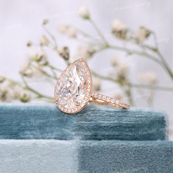 3 CT pear cut halo engagement ring,14k rose gold,pear shaped moissanite ring,wedding ring,anniversary gift ring,women,unique pear halo ring