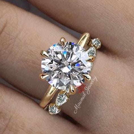 Lab Grown Diamond Engagement Ring Set 3.7CT Round Hidden Halo Solitaire Wedding Ring with Contour Band for Women