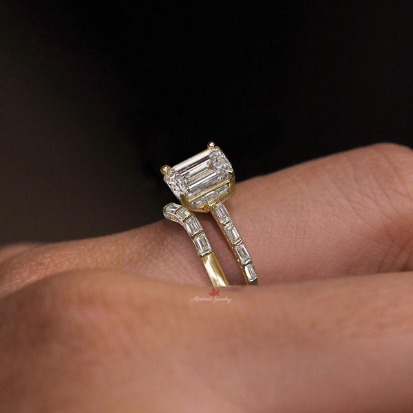 2ct emerald cut lab grown diamond engagement ring set Baguette Wedding Band IGI certified lab diamond solitaire bridal set anniversary ring