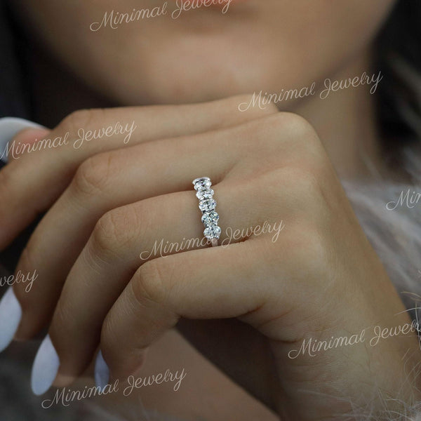 Oval Moissanite Wedding Band 7 Stone Half Eternity Ring Modern 3mm 14k White Gold Anniversary Band Dainty Stacking Ring Women