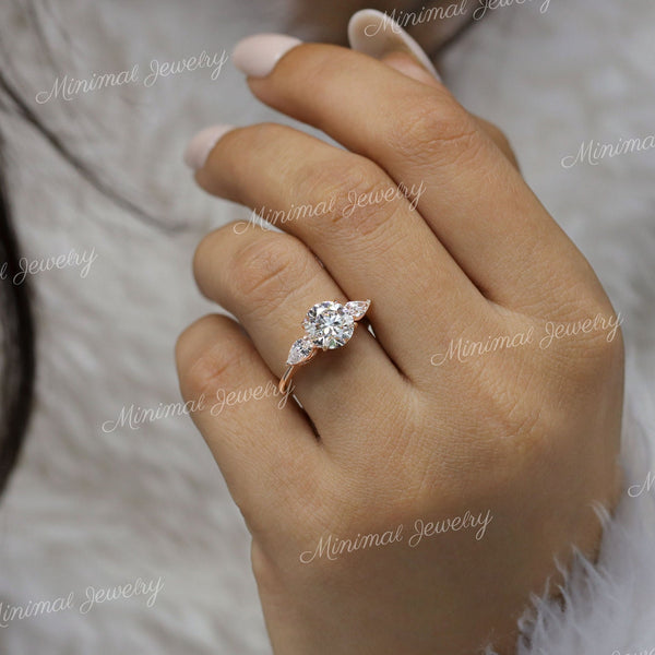 Three stone moissanite ring,2.5 CT Round brilliant engagement ring,14k rose gold,side stone pear&round triple stone ring,wedding ring,women