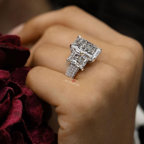 Three Stone Radiant Cut Moissanite Ring 9.5CT Wide Band Engagement Ring 14K White Gold Large Statement Wedding Anniversary Ring