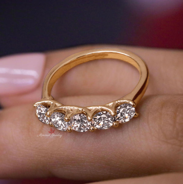 1.35 TCW Round Cut Moissanite Wedding Band,five stone ring,half eternity wedding band,comfort fit,rose Gold wedding band,anniversary gift