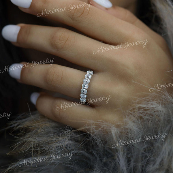 Oval Moissanite Wedding Band 7 Stone Half Eternity Ring Modern 3mm 14k White Gold Anniversary Band Dainty Stacking Ring Women