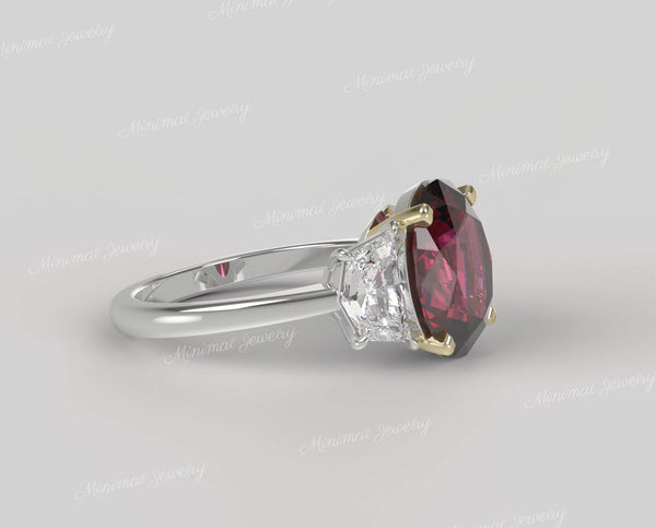 5 CT ruby engagement ring 14k oval ruby ring shield moissanite&red Ruby Three stone ring mothers ring 3 stone wedding ring aniversary ring