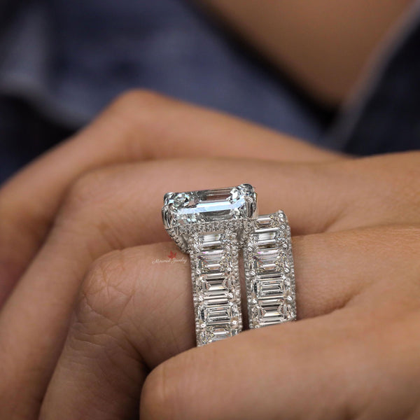 Emerald cut moissanite engagement ring set unique 5 carat moissanite hidden halo eternity band solitaire ring anniversary wedding ring set