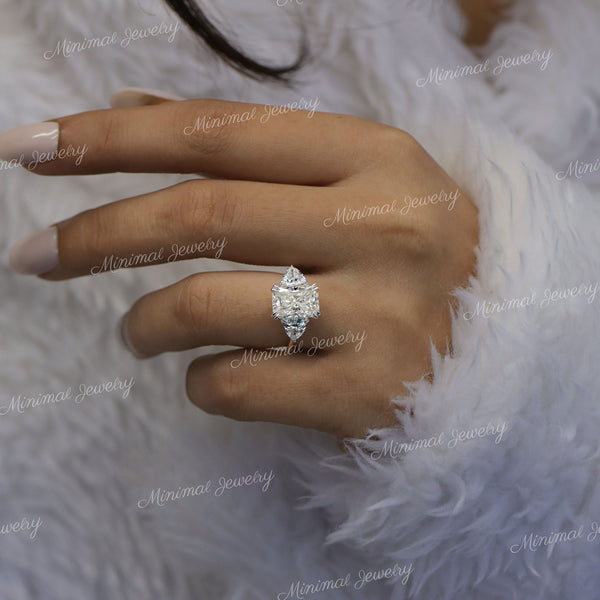 3 CT Radiant Cut Moissanite Ring,Three Stone Engagement Ring,Side trillion,Claw Prongs,unique trilogy ring,bridal Wedding Ring,white gold