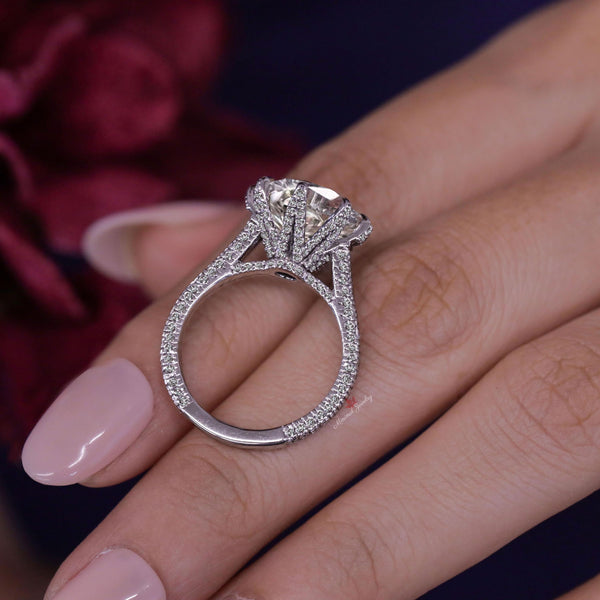 7 CT Round moissanite engagement ring,Three row pave Cathedral ring Tulip Set large solitaire celebrity style diamond cocktail wedding ring