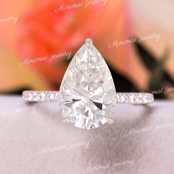 3 CT pear cut moissanite engagement ring,hidden halo pear shaped ring,solitair,pave prong,pear moissanite ring,bridal wedding ring,women