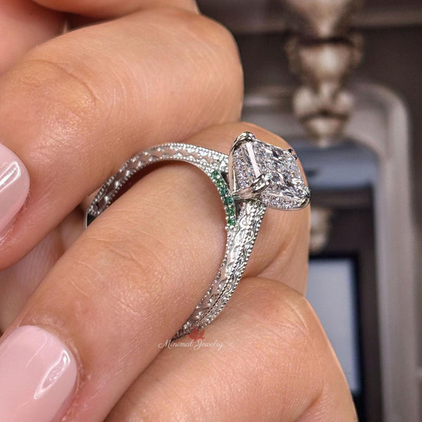 1.5 CT radiant cut moissanite engagement ring art deco filigree ring solitaire hidden halo vintage edwardian style wedding anniversary ring