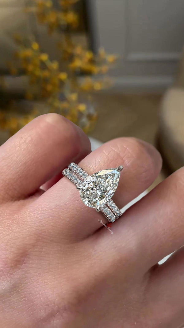 Lab Grown Diamond Engagement Ring 3 CT Pear Shaped Lab Diamond Ring Hidden Halo Wedding Ring Set Certified CVD Diamond Bridal set jewelry
