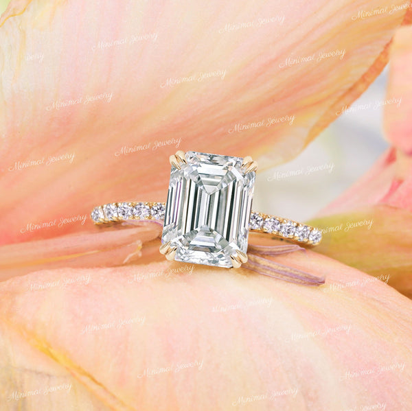 2.5 CT Emerald cut engagement ring,hidden halo,Moissanite Emerald solitaire ring,1.5mm thin band,modern aniversary ring,wedding ring,women