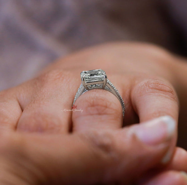 Emerald cut moissanite engagement ring split band solitaire 4.5 carat unique emerald cut moissanite ring split shank wedding ring for women