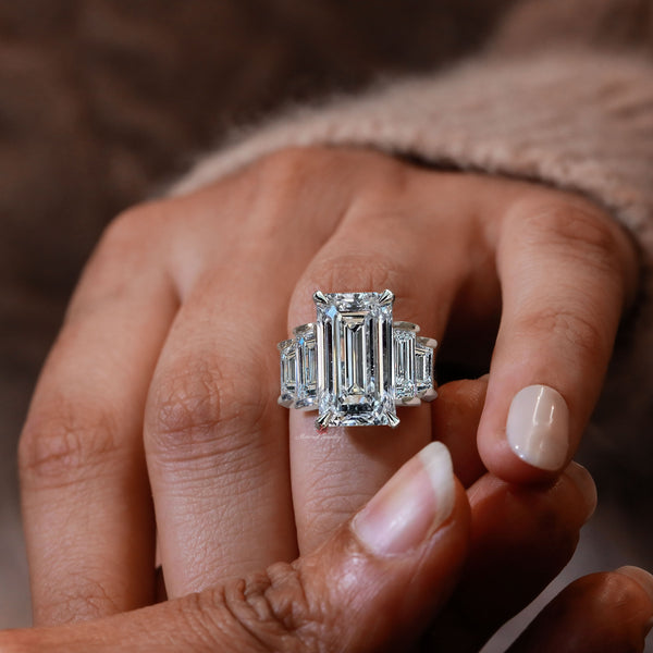 Emerald cut moissanite engagement ring,10.32TCW Five Stone Ring,unique celebrity style bezel emerald moissanite,5th anniversary wedding ring