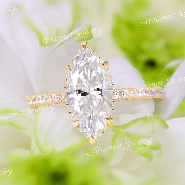2 CT marquise moissanite engagement ring,hidden halo cathedral ring set,marquise cut solitaire ring,modern unique,anniversary wedding ring