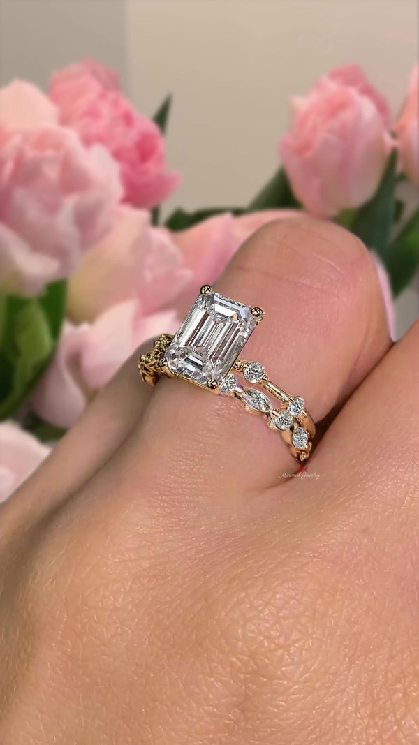 3 CT Lab Grown Diamond Ring set Emerald Cut Engagement ring and wedding band IGI certified diamond Bridal Set Anniversary ring for women