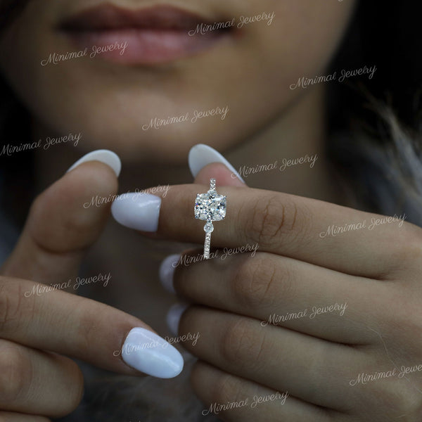 2.5CT Three stone cushion cut moissanite engagement ring,hidden halo,elongated cushion Moissanite cluster ring,white gold meghan markle ring