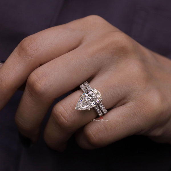 6ct Pear Moissanite Bridal Set: 14K White Gold Engagement & Wedding Ring