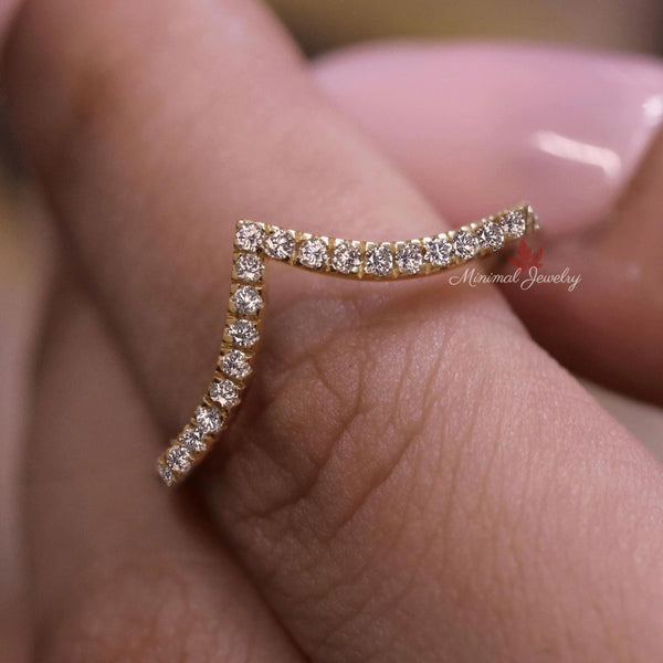 Dainty Chevron Moissanite Wedding Band: 14k Yellow Gold Contour Ring