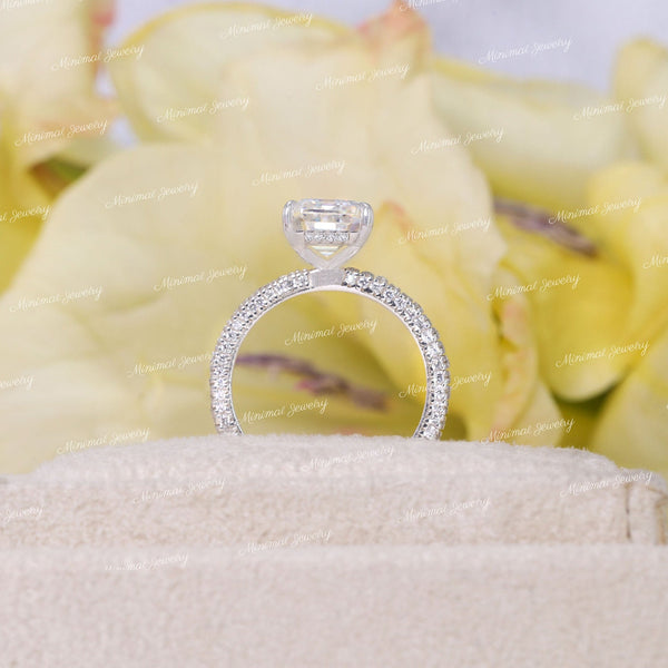 2.5CT Emerald cut moissanite engagement ring,hidden halo,unique emerald cut solitaire ring,3 row pave,claw prong,14k white gold,wedding ring