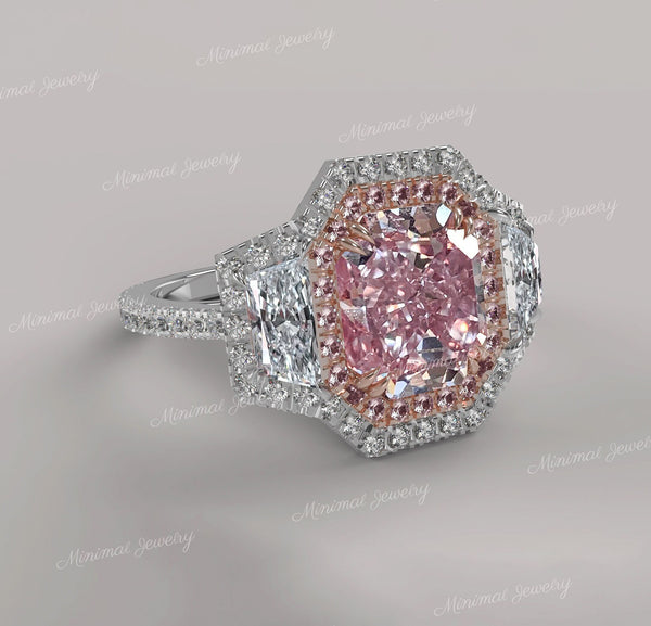 4.2CT Radiant morganite engagement ring Three stone halo rose gold Morganite ring,celebrity style moissanite&big pink morganite wedding ring