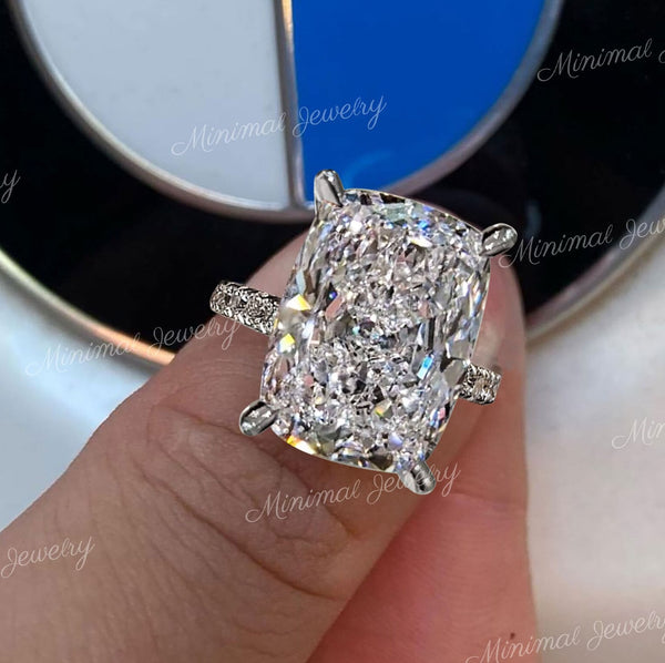 10 CT Large cushion cut moissanite engagement ring,big solitaire hidden halo,elongated cushion crushed ice moissanite,diamond wedding ring