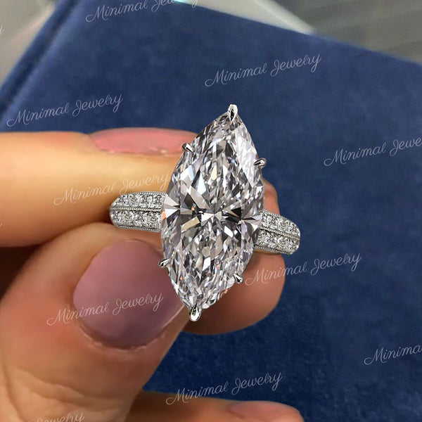 7.5CT Marquise Moissanite Engagement Ring: Art Deco Filigree, Hidden Halo wedding ring