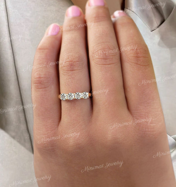 Dainty wedding band four stone Round 14k gold 4mm Moissanite wedding band half eternity band stacking ring set Anniversary band gift for her