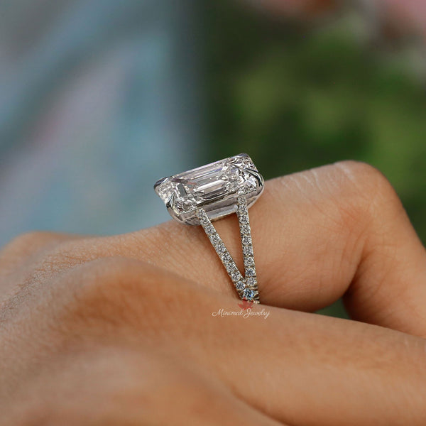 Emerald cut moissanite engagement ring split band solitaire 4.5 carat unique emerald cut moissanite ring split shank wedding ring for women