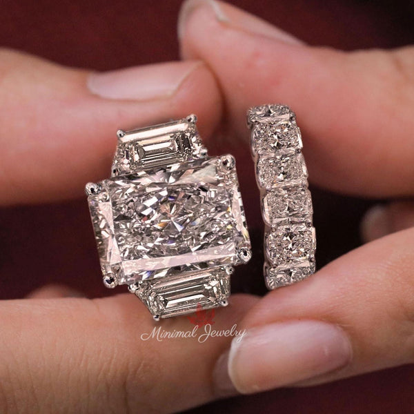 Radiant Cut Moissanite Engagement Ring Set with Wedding Band 13.5TW Three stone bridal jewelry set women anniversary gift large diamond ring