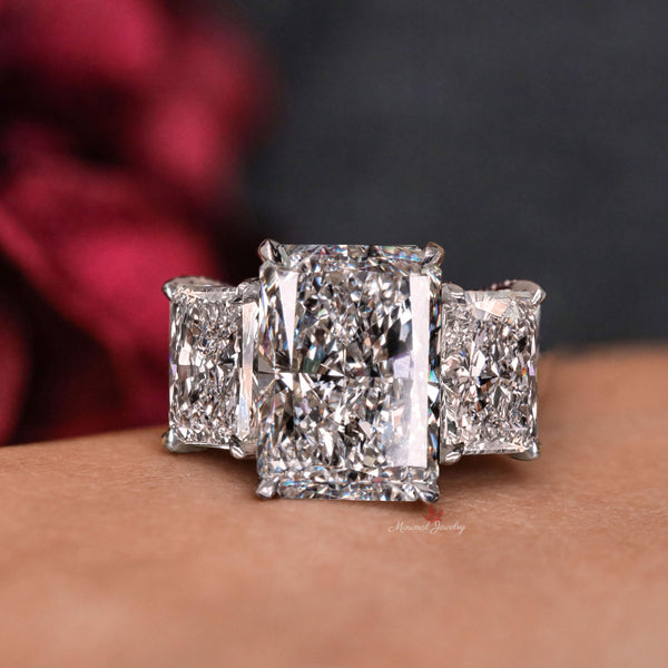 Three Stone Radiant Cut Moissanite Ring 9.5CT Wide Band Engagement Ring 14K White Gold Large Statement Wedding Anniversary Ring