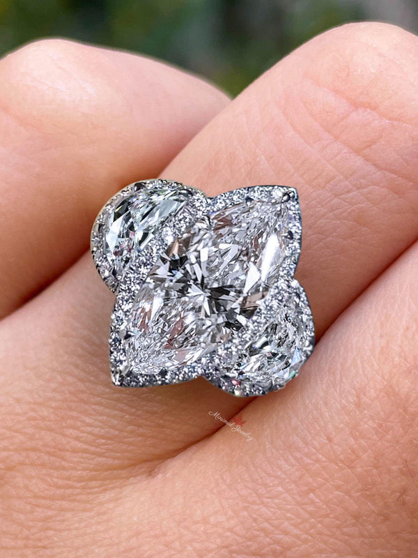 Lab Grown Diamond Ring 4CT marquise engagement ring IGI certified diamond Three stone ring Halo diamond wedding ring for women anniversary