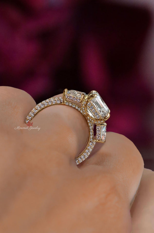 4.5CT lab grown diamond ring Three stone Emerald cut engagement ring hidden halo IGI certified diamond wedding ring for women anniversary