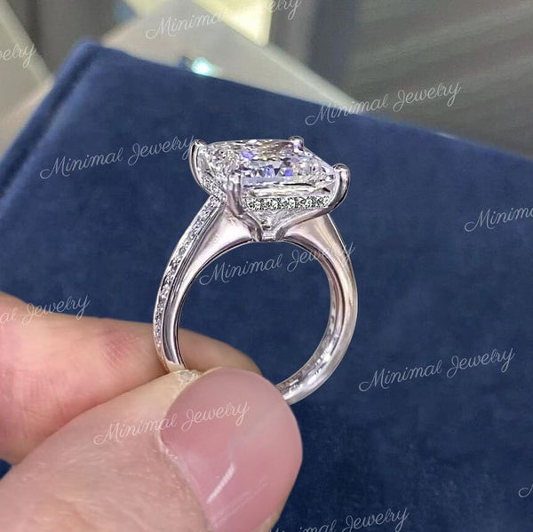 4 CT moissanite princess cut ring,hidden halo,princess cut solitaire engagement ring,low profile,square cut diamond alternative wedding ring