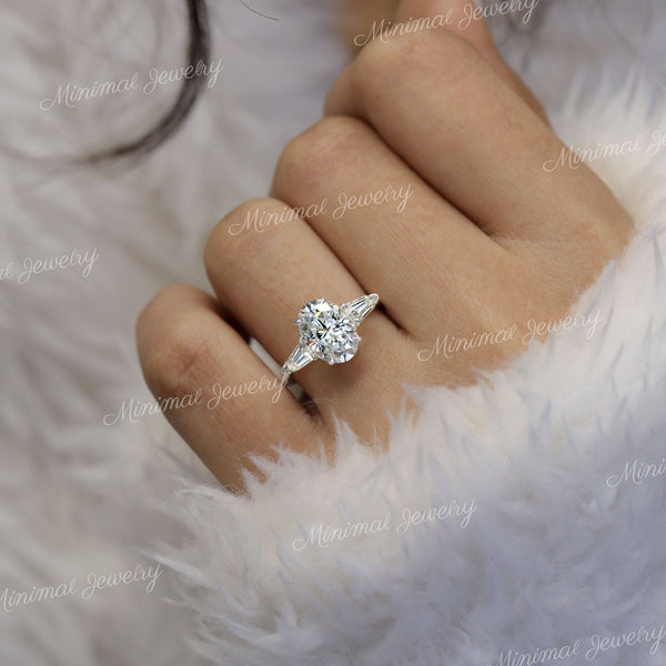 2.5 CT Oval Moissanite engagement ring,Three stone,14k white gold,shield&Oval moissanite three stone ring,Past Present Future Bridal Ring