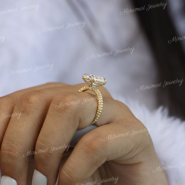 3 CT Radiant moissanite engagement ring,hidden halo,unique three row pave,thick band,solitaire moissanite radiant cut ring wedding ring