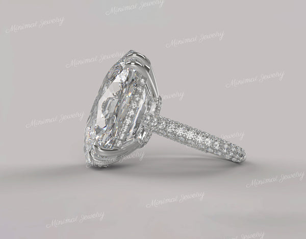 17.5 CT Old Mine Cushion Cut Moissanite Engagement Ring: Hidden Halo, Three Row Pave