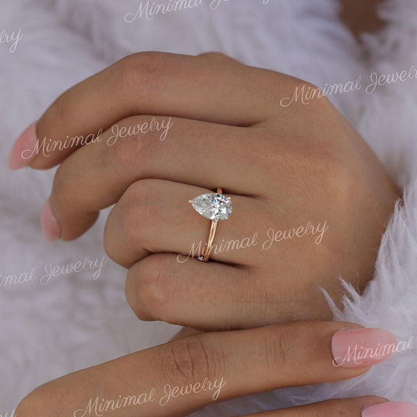 2 CT pear moissanite teardrop ring hidden halo unique pear shaped engagement ring 14k rose gold pear cut promise matching wedding ring set