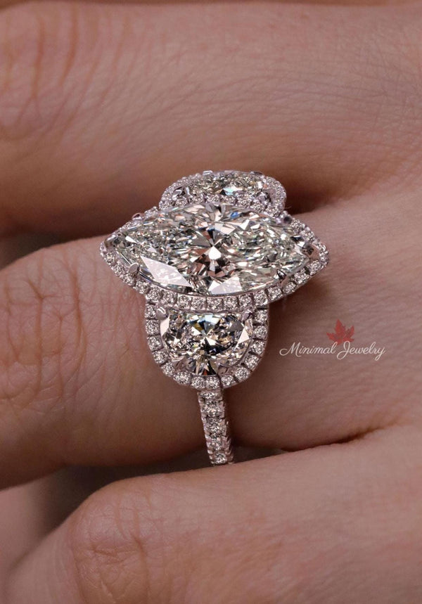 4 CT Three stone moissanite marquise halo engagement ring,half moon&large marquise cut wedding ring,celebrity style Three stone halo ring