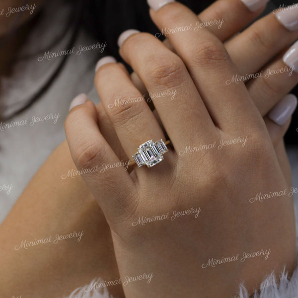 3.48 TCW Three Stone Emerald Cut Moissanite Engagement Ring,trellis set,three stone moissanite ring,3 Stone Emerald Cut Ring,wedding ring