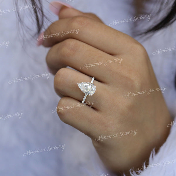 3 CT pear cut moissanite engagement ring,hidden halo pear shaped ring,solitair,pave prong,pear moissanite ring,bridal wedding ring,women