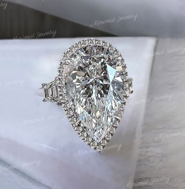 6.5 CT pear shaped engagement ring,Three stone moissanite pear halo,unique celebrity style,trapezoid&large pear moissanite,rare wedding ring