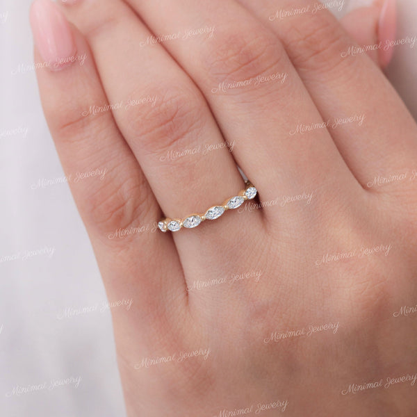Marquise wedding band,Moissanite marquise eternity ring solid gold,dainty stackable ring,3/4 marquise band ring,thin wedding band women