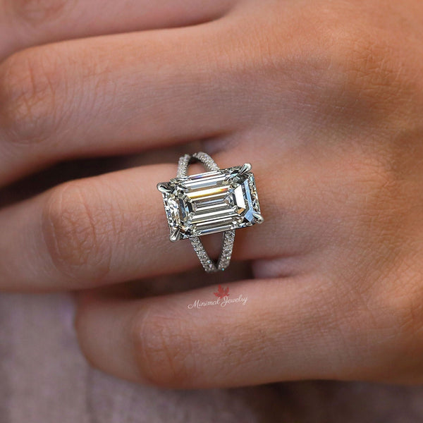 4.5 Carat Emerald cut moissanite engagement ring split shank solitaire ring unique emerald cut moissanite ring wedding ring anniversary ring