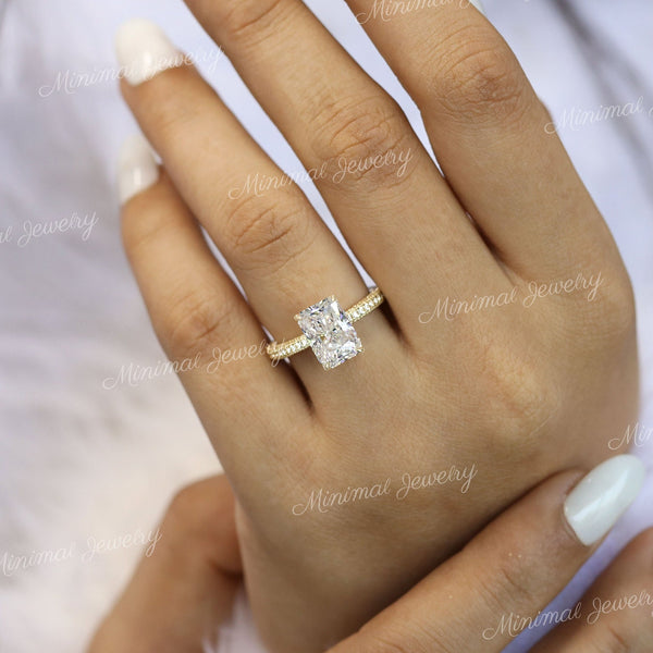 3ct Radiant cut moissanite engagement ring Hidden Halo Solitaire 14K White Gold Proposal Wedding Ring for Women